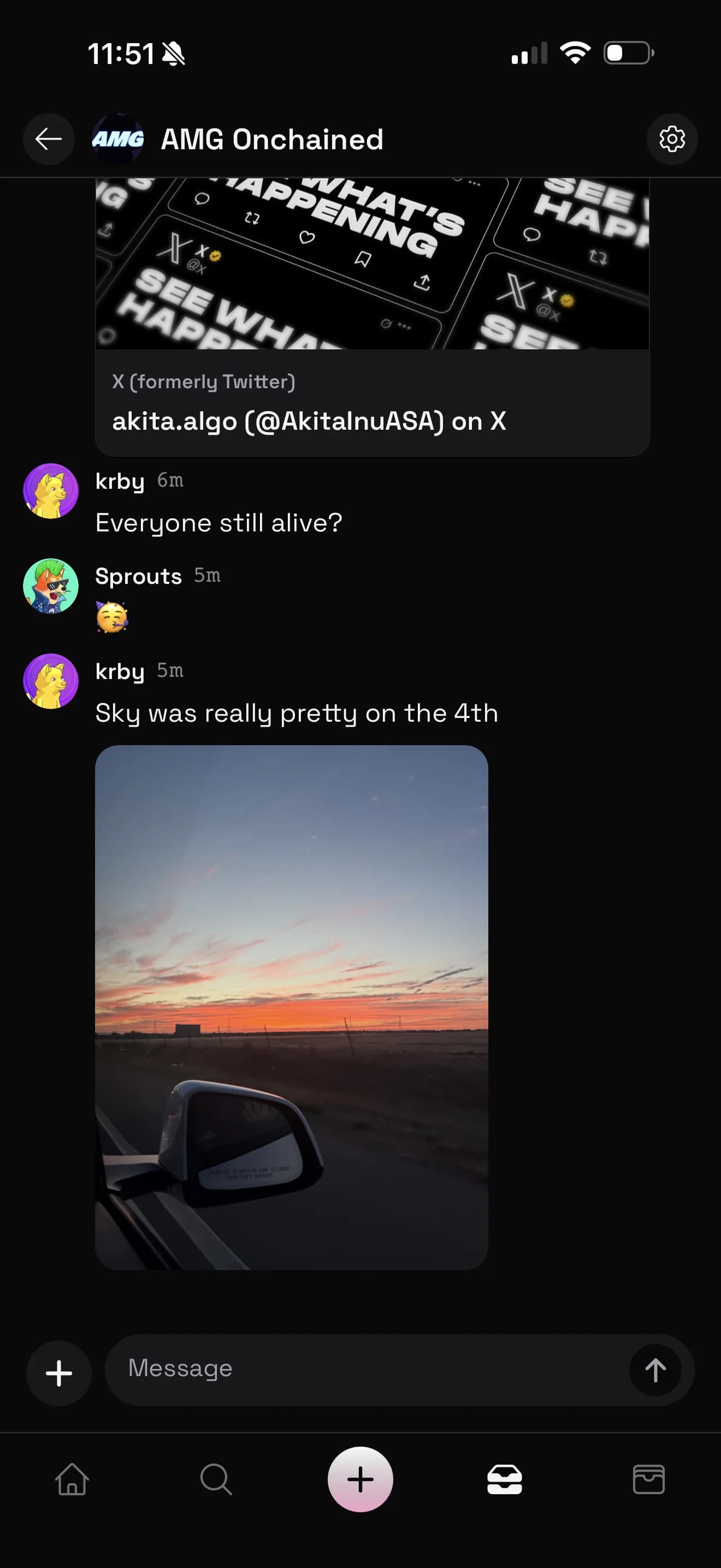 An Akita Hyperspace group chat sharing links, messages, and a sunset photo
