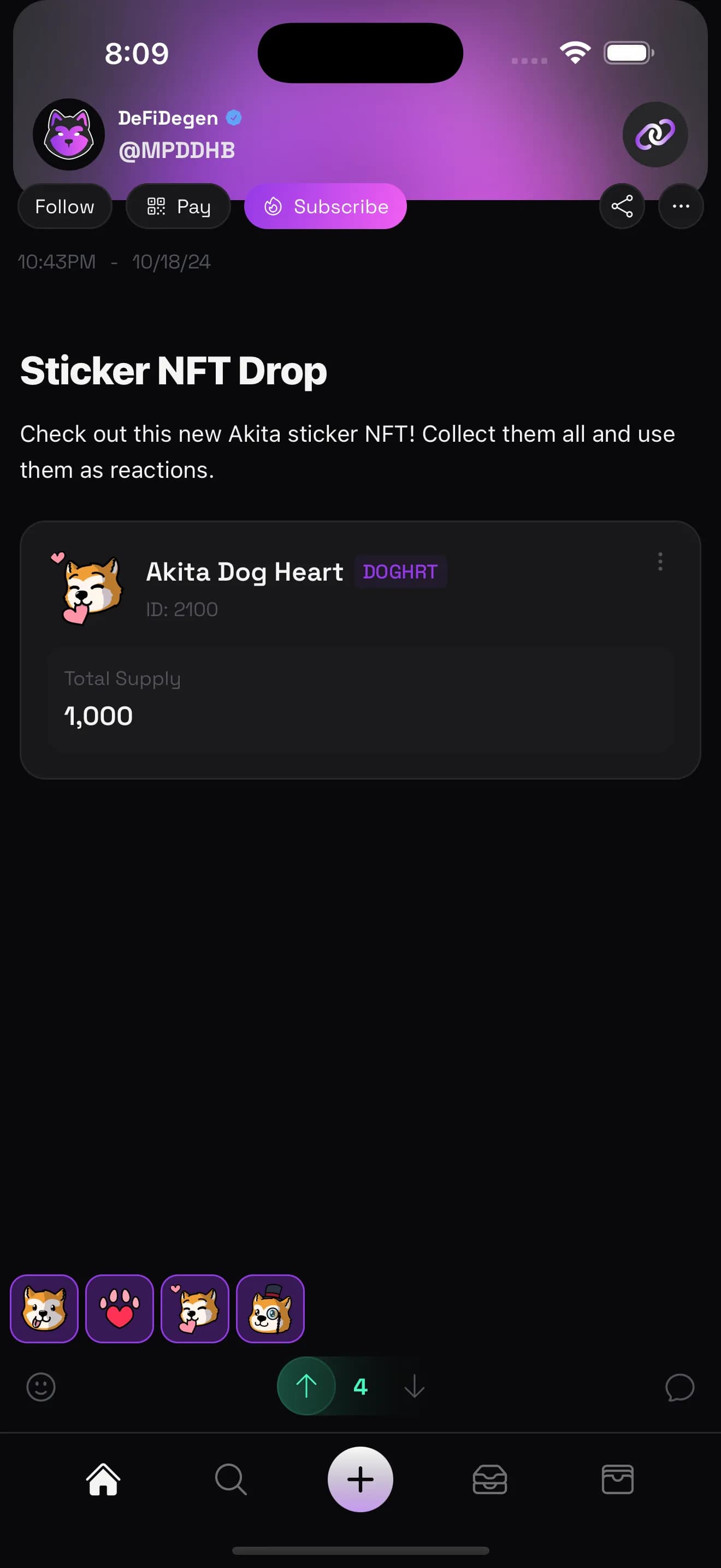 Akita social feed showing an NFT sticker drop post