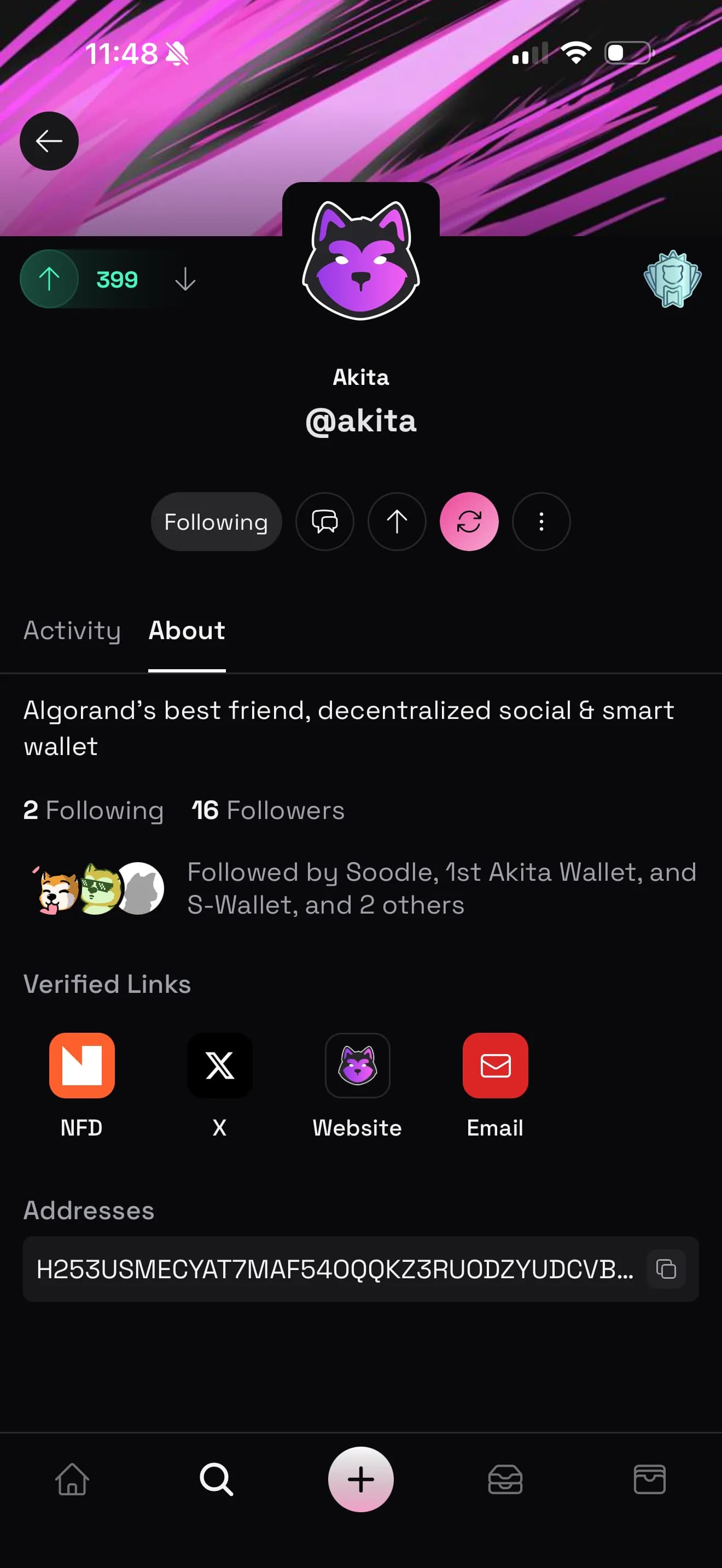 An Akita Hyperspace profile with verified links, followers, reputation, and wallet address