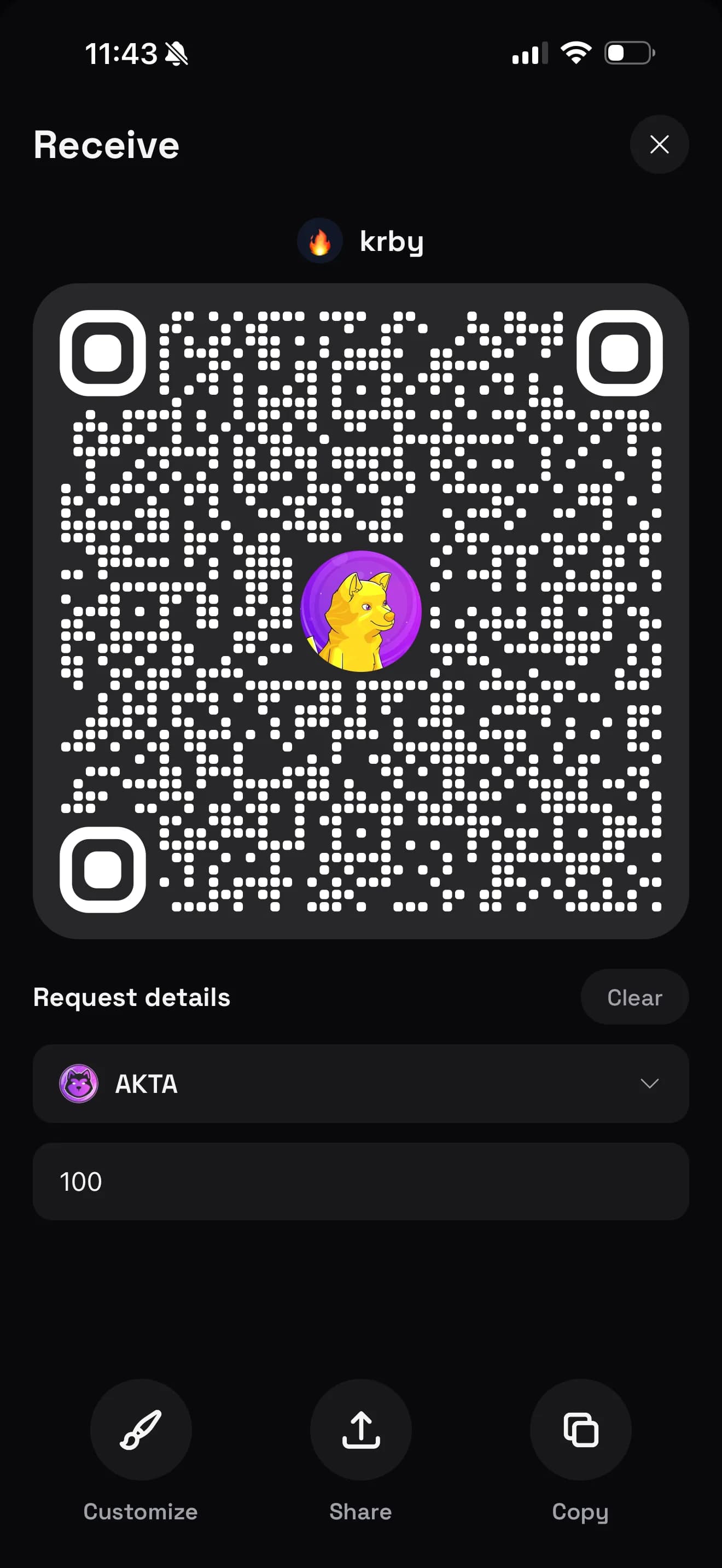 An Akita Hyperspace payment request with a scannable QR code