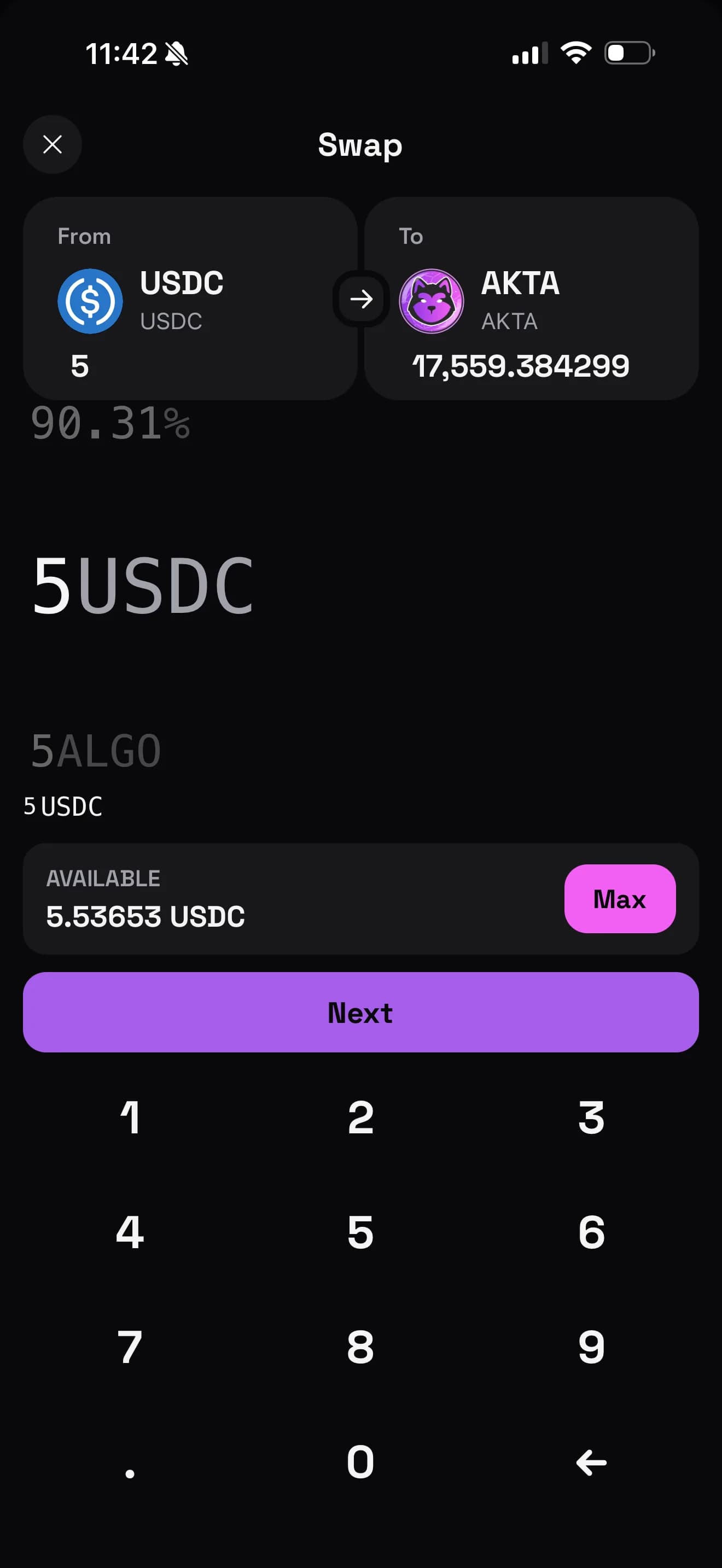 The Akita Hyperspace wallet swapping USDC for AKTA